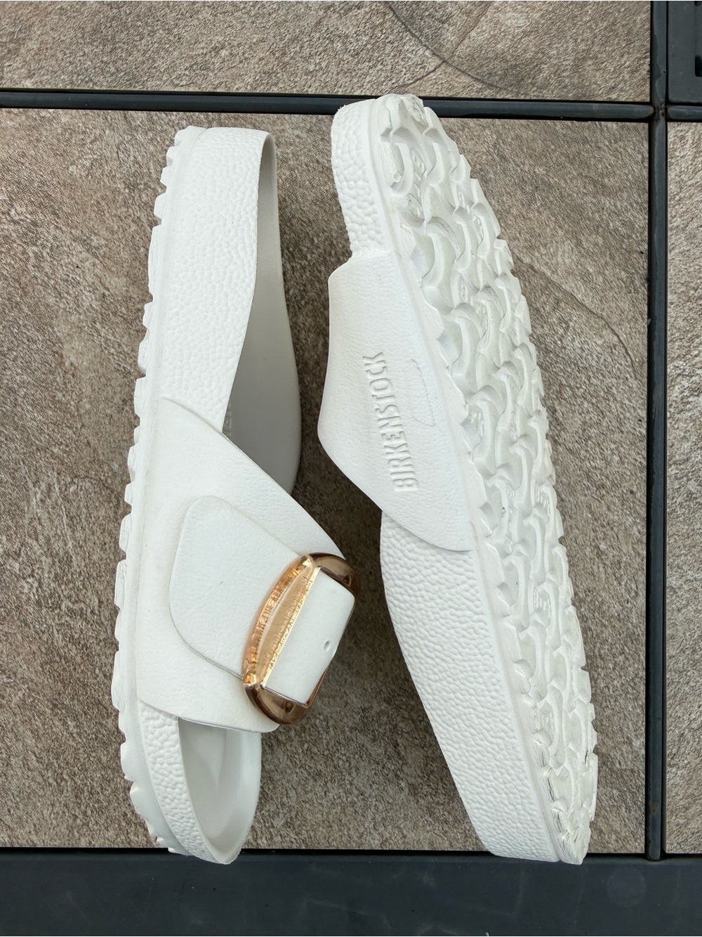 Birkenstock White Madrid EVA Slide Sandals with Tan-Gold Big Buckles - Picture 8 of 10